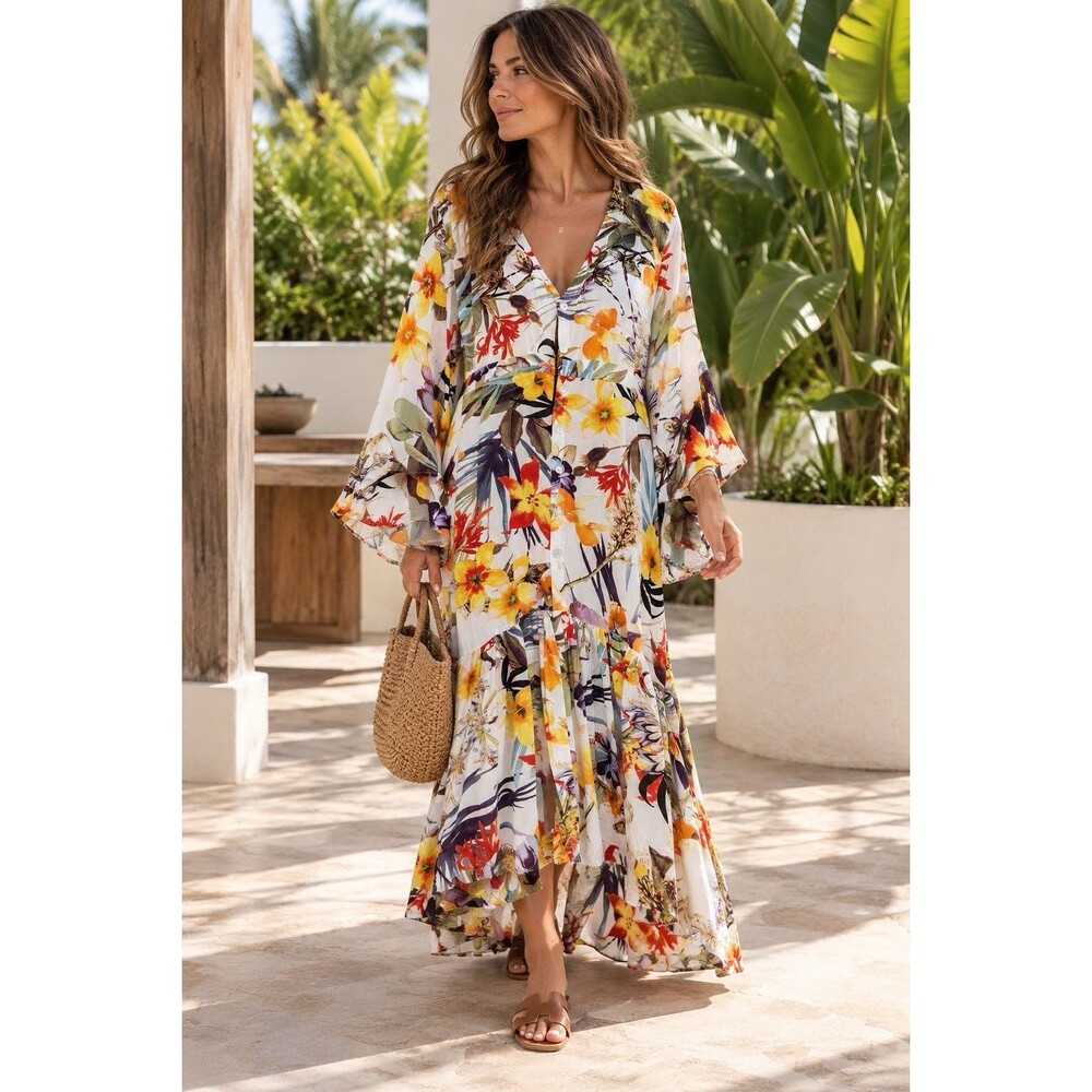 Sea Lustre Women Tropical Floral Maxi Dress Kimono Sleeve Size S/M Boho Resort